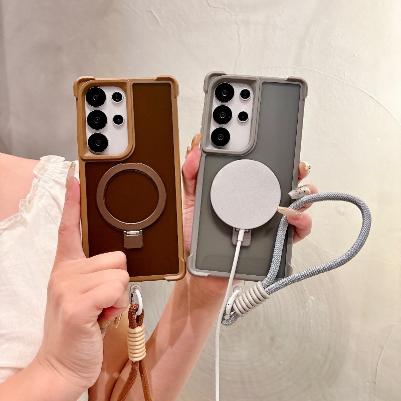Magnetic Charging Stand - マグセーフ対応高級マッチングリストストラップ付きスマホケース、サムスンギャラクシーS26ウルトラ25 24 23用、ワイヤレス充電対応メタルリングスタンドカバー