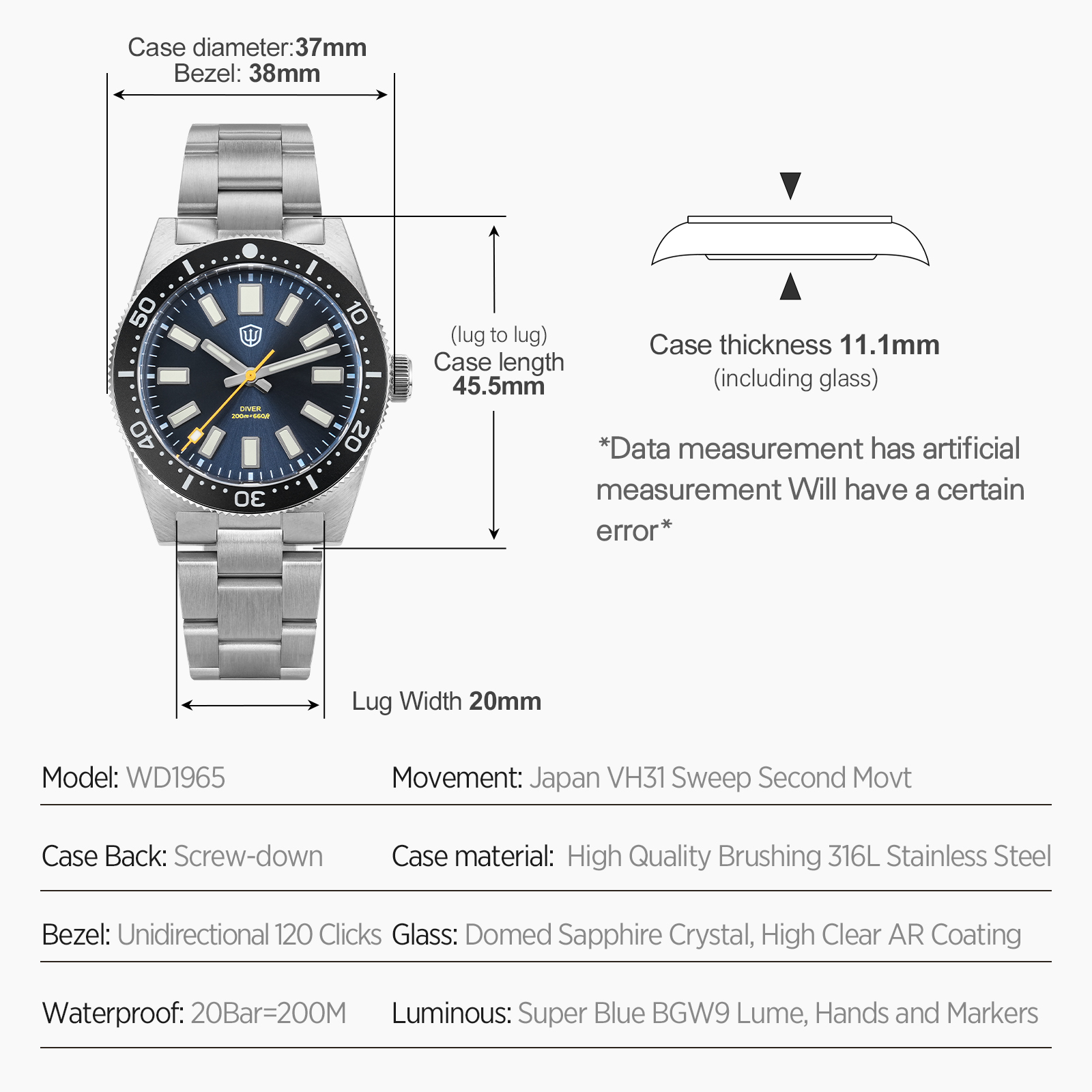 Watchdives 37 ミリメートル WD1965 V2 - Accessories With Watch のレビューと価格