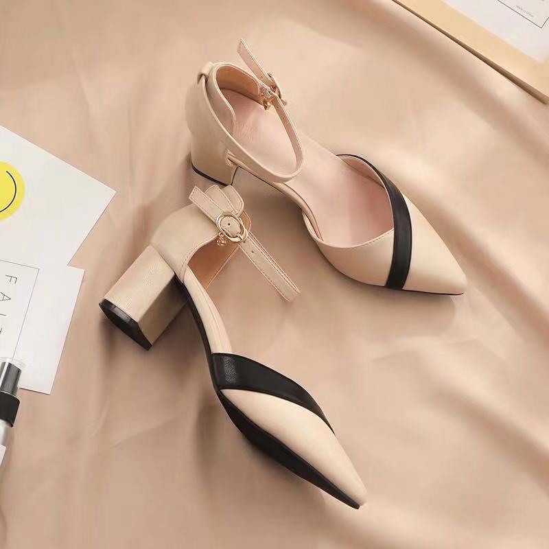 女性のクラシックなベージュのスクエアヒールポインテッドシュー - Leather Classic Strap のレビューと価格
